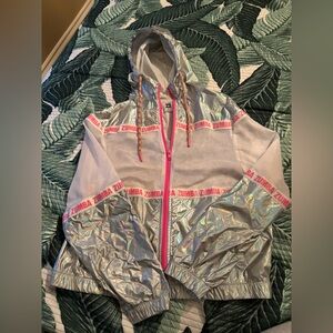 Zumba Fitness Silver Holographic Windbreaker Jacket with Pink Accents